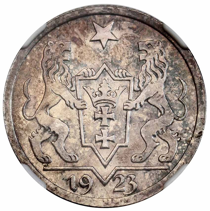WM Gdańsk / Danzig 1 gulden 1923, stempel lustrzany, srebro, NFC PF65